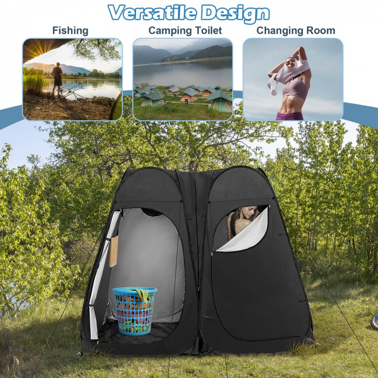 Oversized black pop-up shower tent with window, designed for two users, ideal for camping, fishing, or changing.