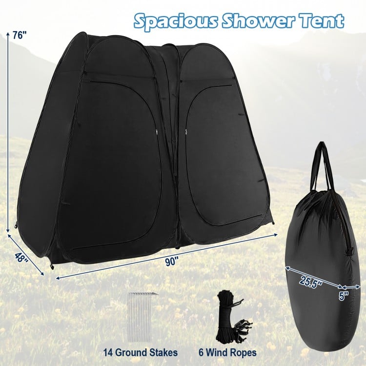 Oversized pop-up shower tent in black with double-room design, window, and storage pocket for versatile outdoor use.