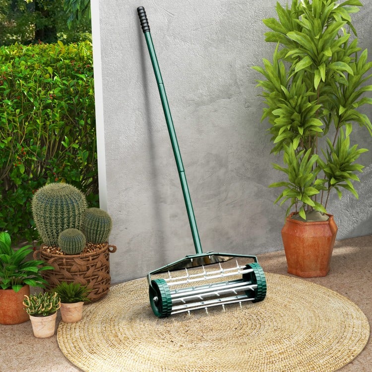 18-inch rolling lawn aerator with hollow-handle design for lightweight use and efficient soil aeration in gardens.
