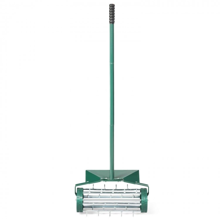 18-inch rolling lawn aerator with protective baffle and rubber handle for easy soil perforation and aeration.