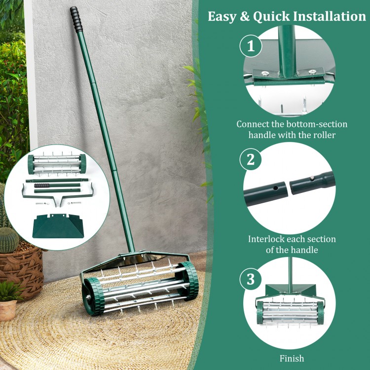 18-inch rolling lawn aerator with splash-proof fender, featuring multiple spikes for effective soil perforation.