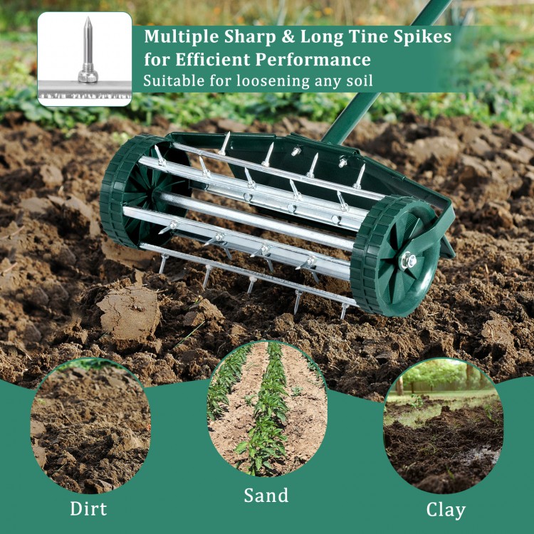 18-inch rolling lawn aerator with multiple sharp spikes for loosening dirt, sand, and clay in gardens.