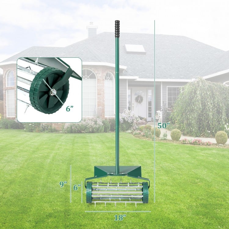 18-inch rolling lawn aerator with 1.2-inch spikes and splash-proof fender, ideal for improving soil aeration in gardens.