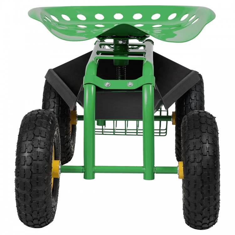 Green garden cart rolling work seat with heavy-duty tool tray, featuring large wheels and ergonomic design for.