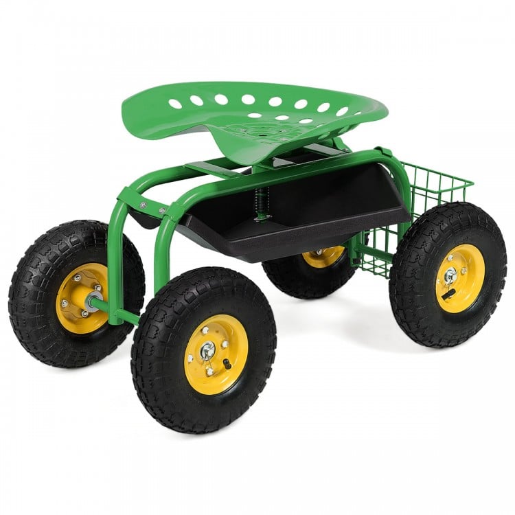 Garden cart rolling work seat in green with heavy-duty tool tray and large rubber tires for comfortable gardening.
