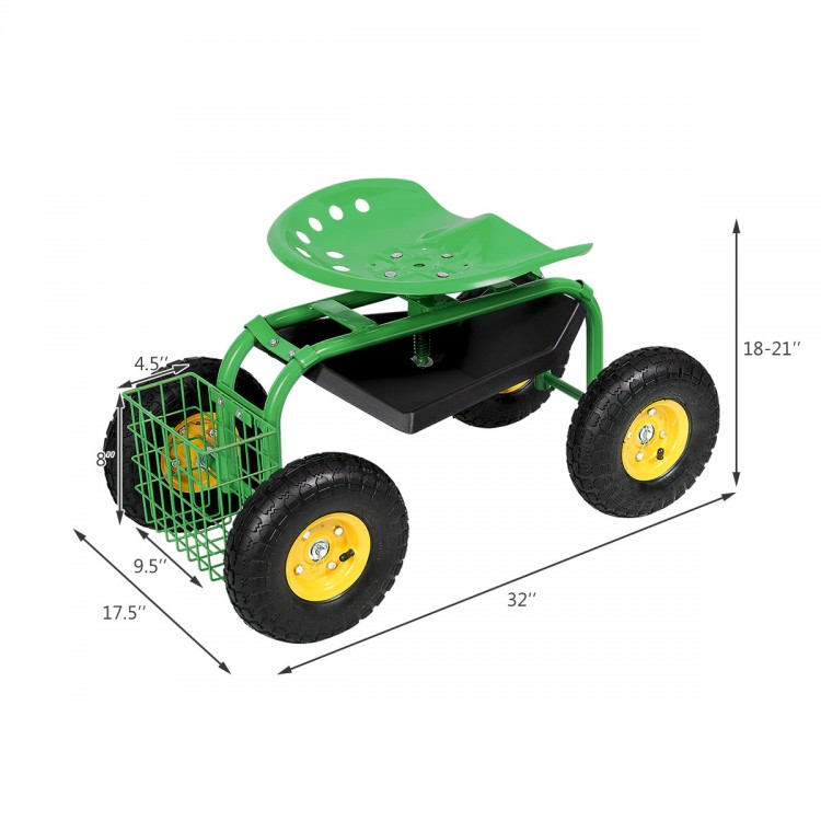 Garden cart rolling work seat in green with tool tray, adjustable height, and large rubber wheels for gardening tasks.