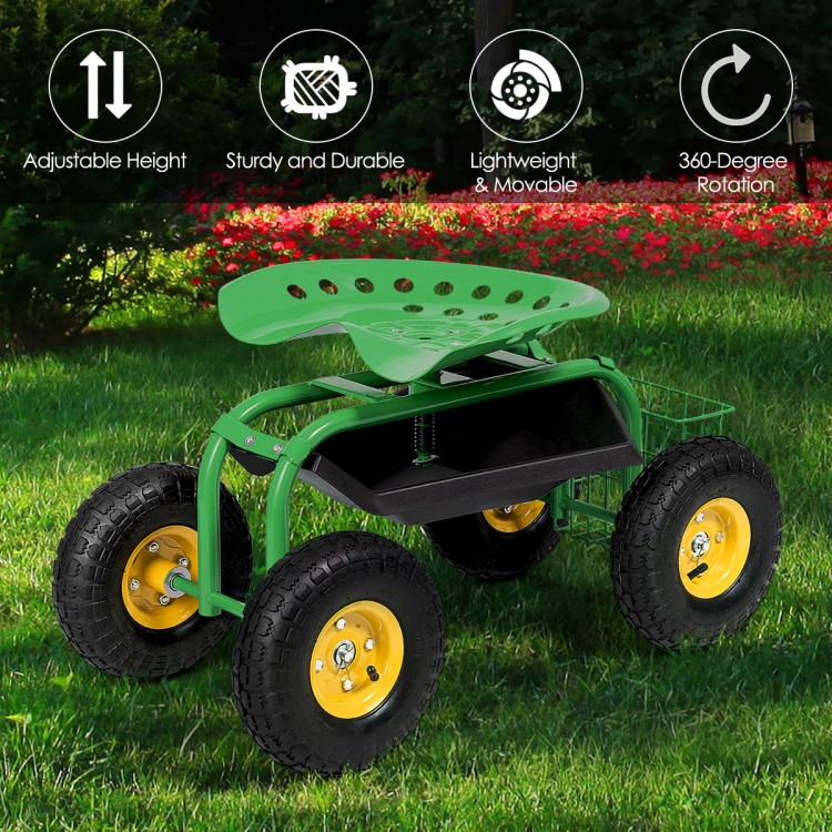 Green garden cart rolling work seat with adjustable height, sturdy frame, and tool tray for comfortable gardening.