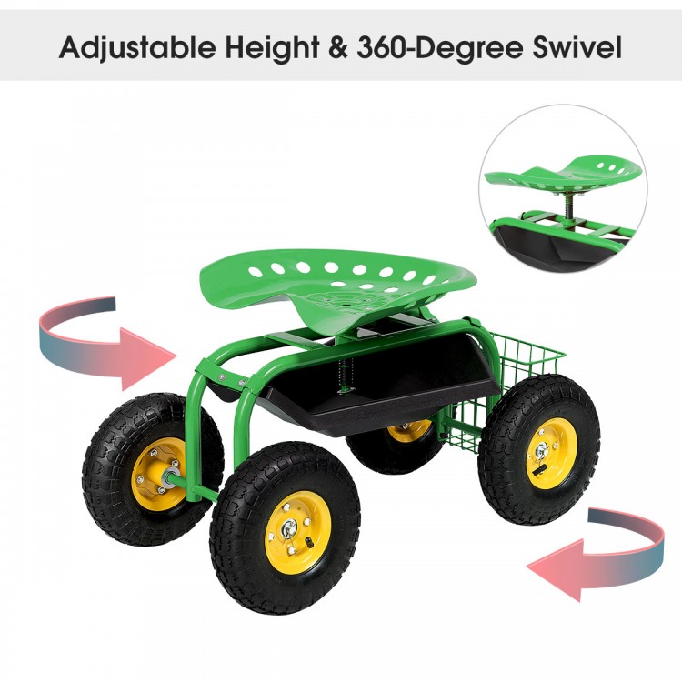 Green garden cart rolling work seat with adjustable height, 360-degree swivel, and heavy-duty tool tray for gardening.