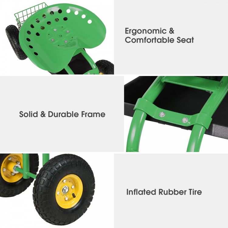 Ergonomic green garden cart seat with durable frame, inflated rubber tires, and tool tray for gardening convenience.