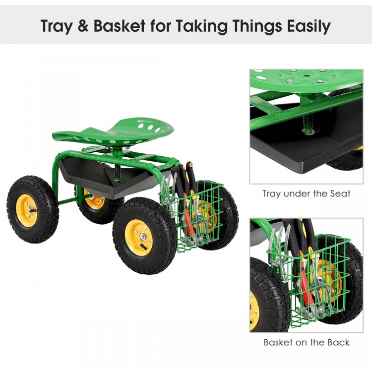 Garden cart rolling work seat in green with tool tray and back basket, designed for comfortable gardening use.