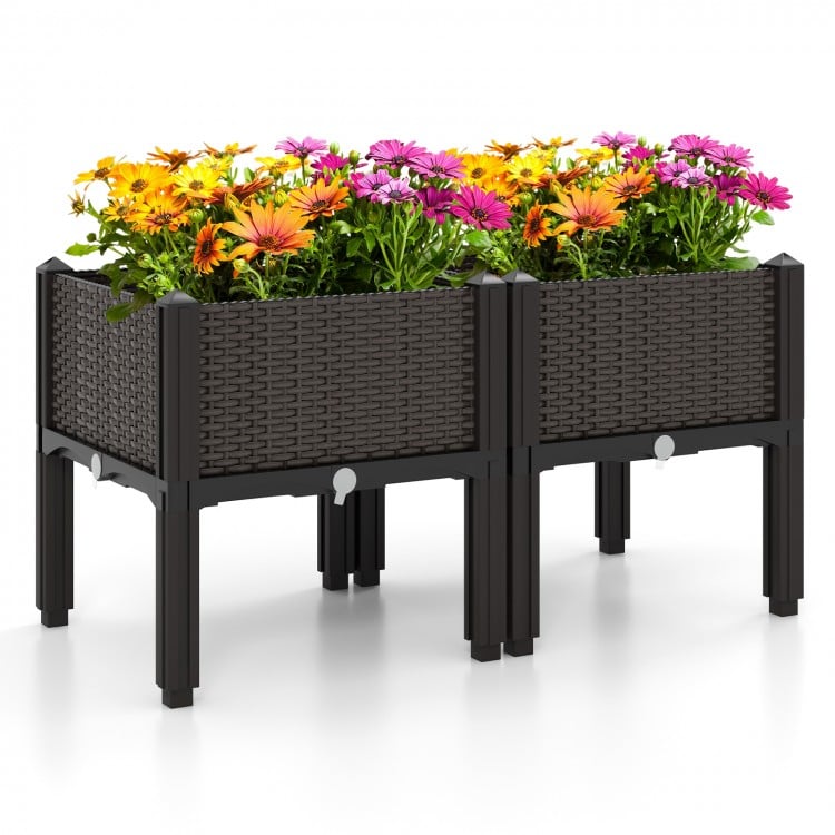 Elevated plastic raised garden bed planter kit with rattan pattern, featuring two boxes for flowers and vegetables.