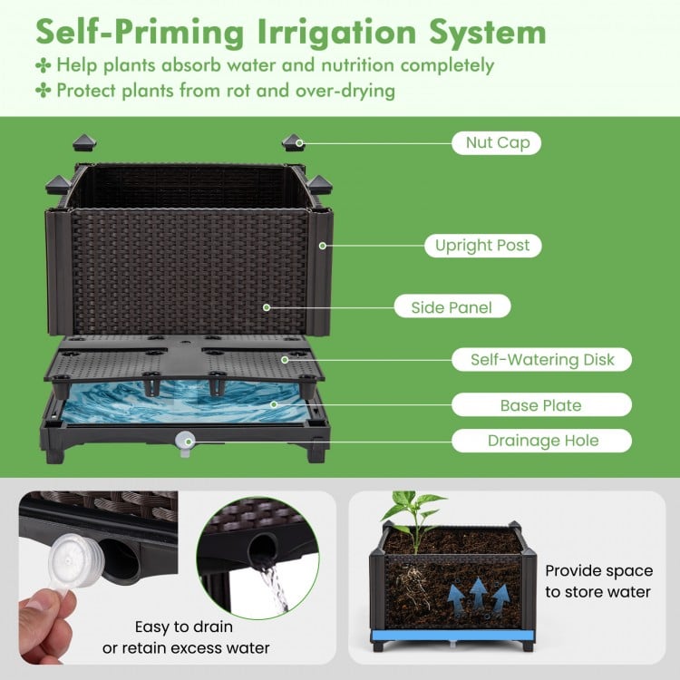 Self-watering elevated garden bed kit with rattan pattern, perfect for growing flowers and vegetables outdoors.