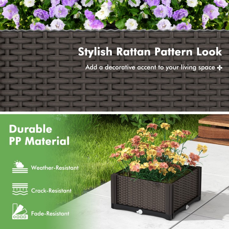 Elevated plastic raised garden bed planter kit in brown with rattan pattern, perfect for flowers and vegetables.