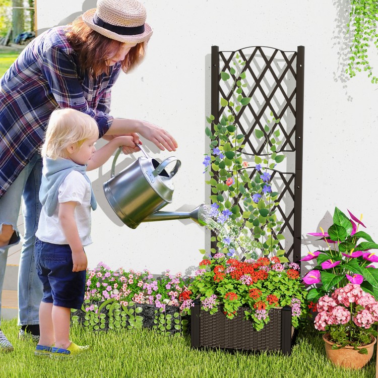 Raised garden bed with trellis planter box in coffee color, ideal for climbing plants and outdoor decoration.