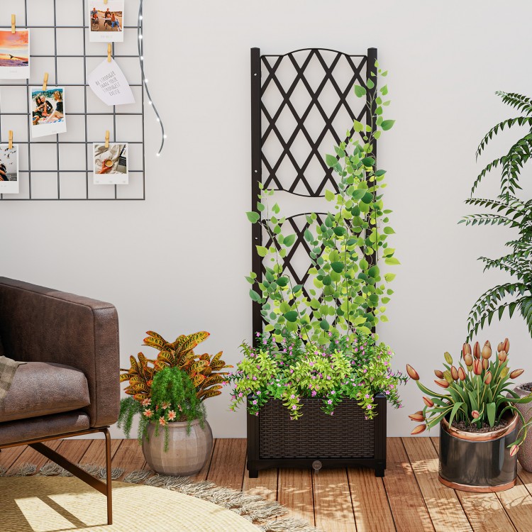 Vertical trellis planter box in coffee color with a large plant box, perfect for growing deep-rooted vegetables and.