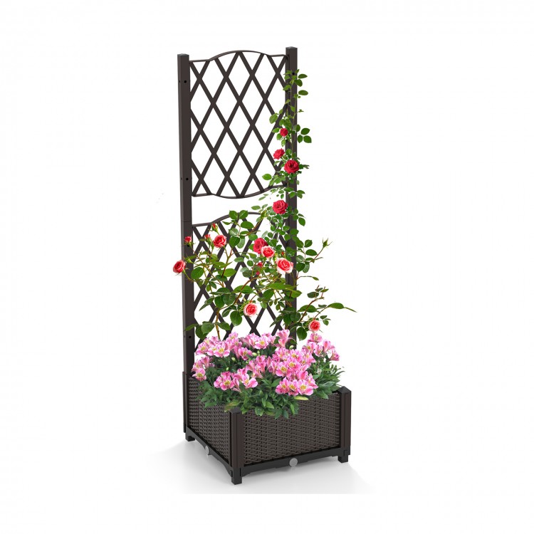 Raised garden bed with trellis for climbing plants, made of durable coffee-colored PP material, ideal for flowers and.