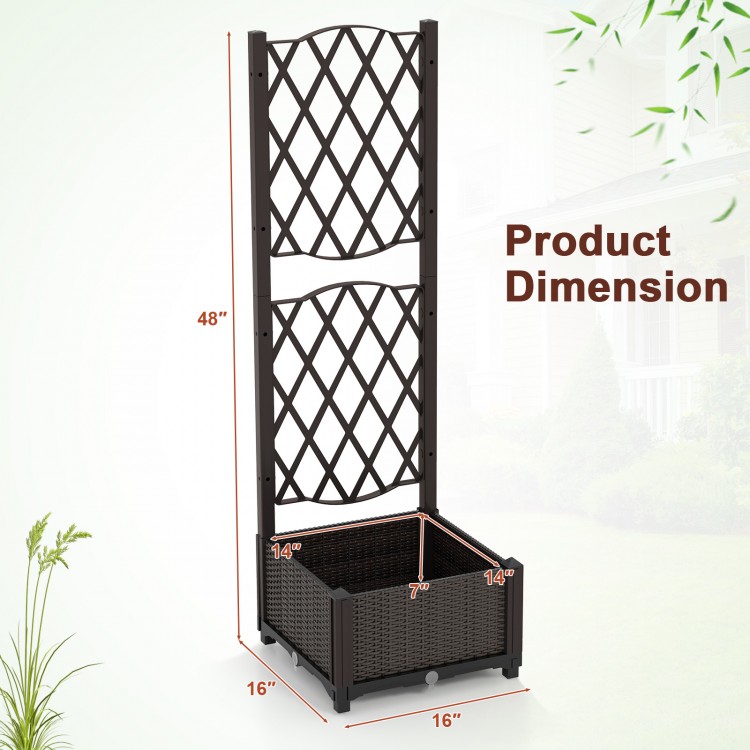 Raised garden bed with trellis for climbing plants, made of durable coffee-colored PP material, ideal for outdoor use.