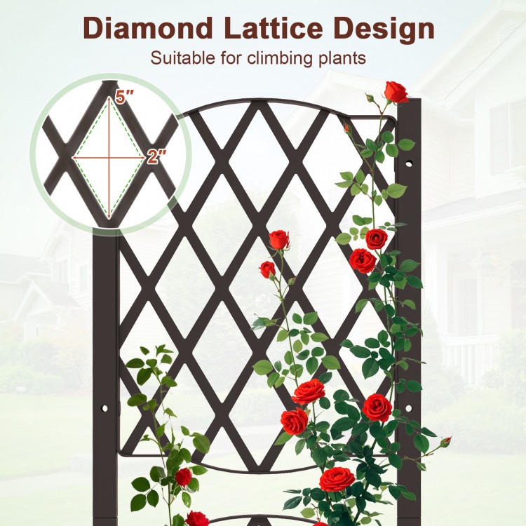 Diamond lattice trellis design of the raised garden bed, ideal for climbing plants and enhancing garden aesthetics.