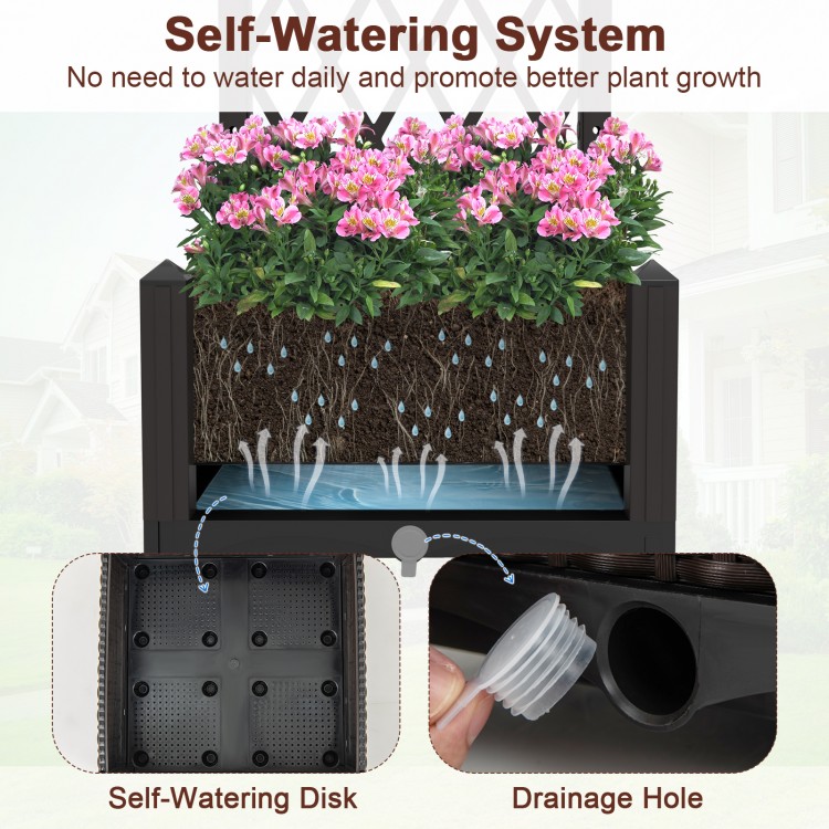 Self-watering raised garden bed with trellis for climbing plants, made of durable PP material, ideal for outdoor use.