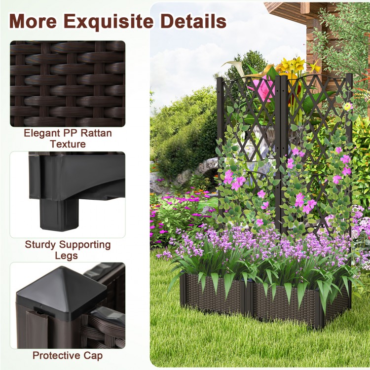 Raised garden bed with trellis in coffee color, featuring sturdy legs and elegant rattan texture for climbing plants.