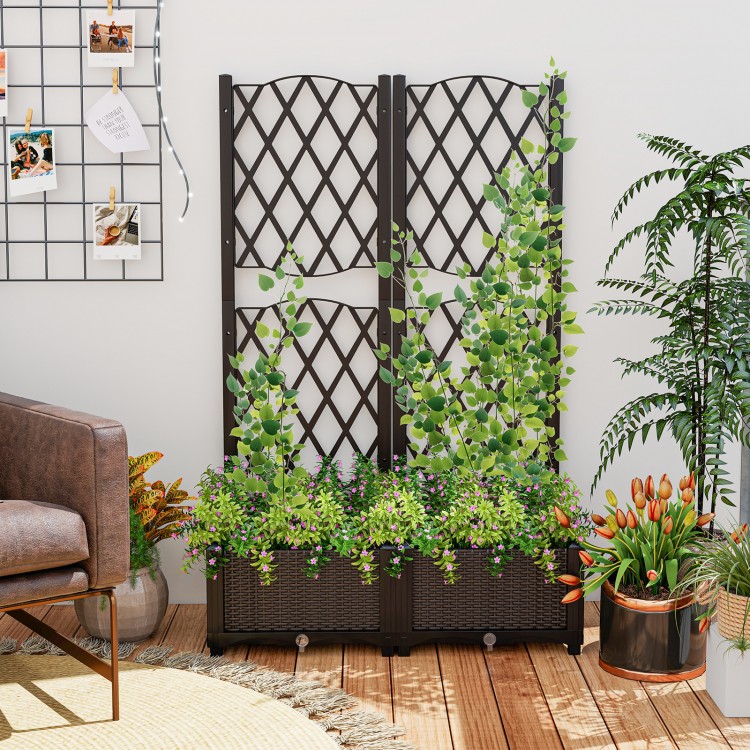Large raised garden bed with trellis in coffee color, designed for climbing plants, featuring a self-watering system.