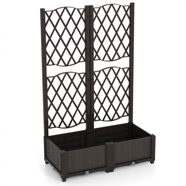 Vertical trellis on a raised garden bed in coffee color, perfect for supporting climbing plants and enhancing garden.