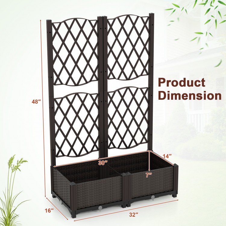 Raised garden bed with trellis for climbing plants, made of durable coffee-colored PP material, ideal for outdoor use.