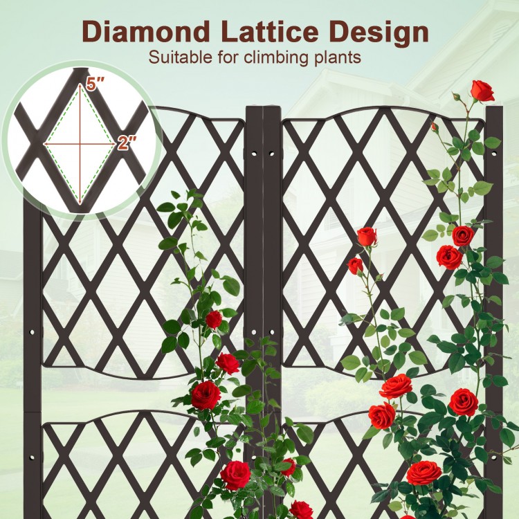 Diamond lattice trellis design on a raised garden bed, ideal for climbing plants and enhancing garden aesthetics.