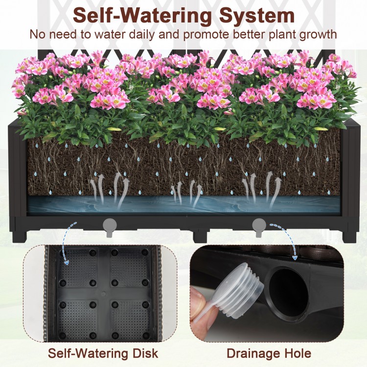 Self-watering raised garden bed with trellis for climbing plants, featuring drainage hole and durable PP material for.