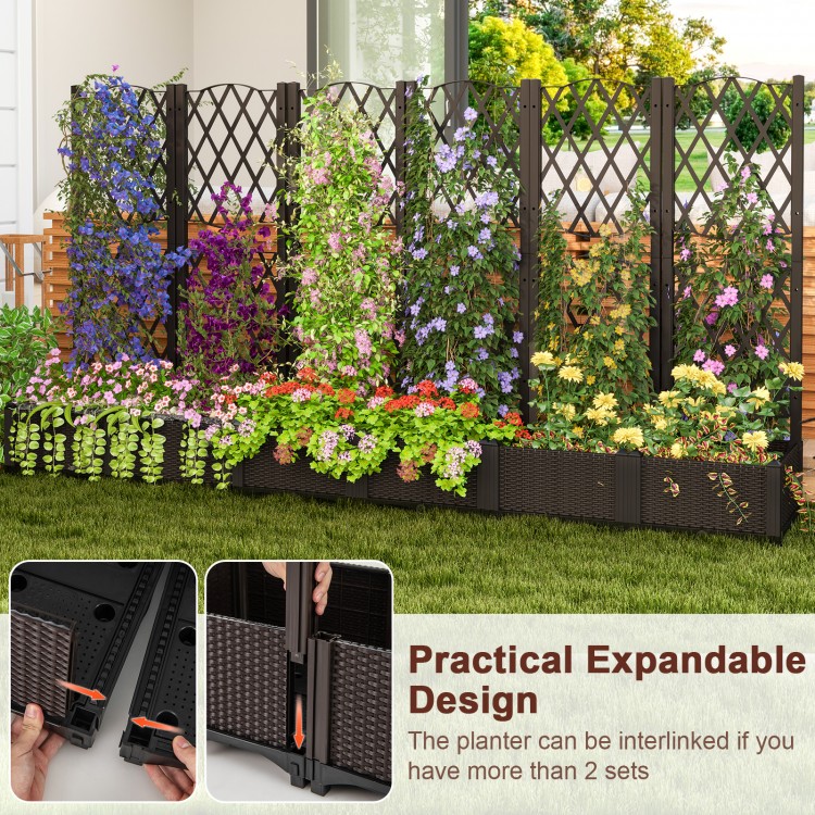 Raised garden bed with trellis for climbing plants, made of durable coffee-colored PP material, ideal for outdoor.