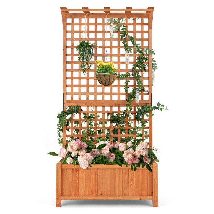 Raised garden bed with trellis made of natural fir wood, featuring climbing plants and hanging baskets for outdoor.