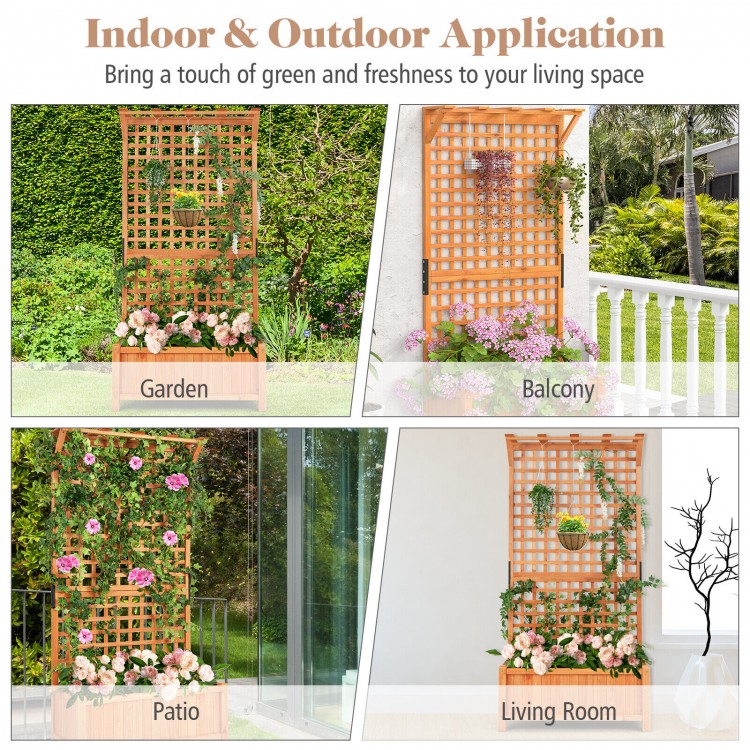 Raised garden bed with trellis and hanging roof, made of natural fir wood, ideal for climbing plants and outdoor decor.