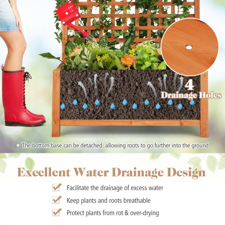 Raised garden bed with trellis, made of natural fir wood, featuring drainage holes for optimal plant growth and.