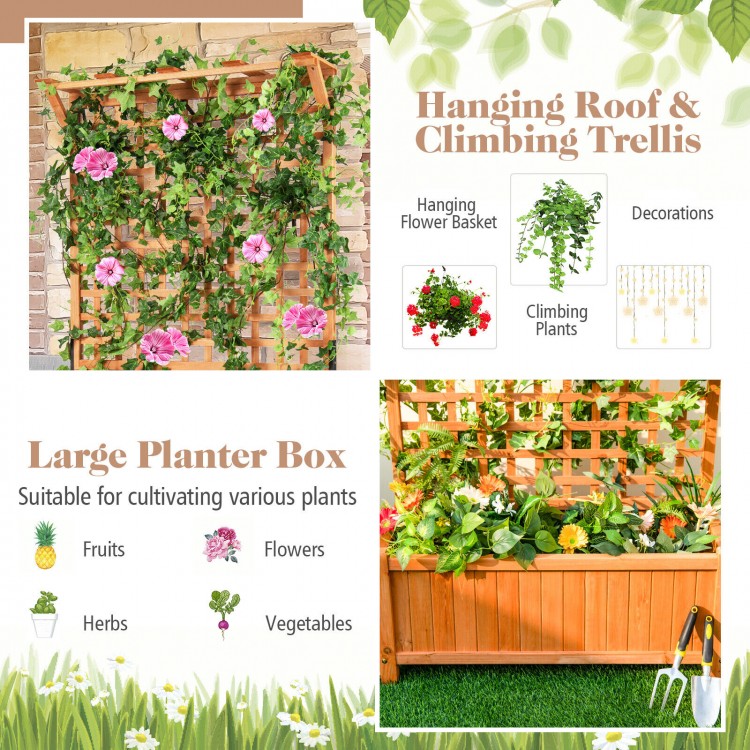 Raised garden bed with trellis and hanging roof, crafted from natural fir wood, ideal for growing climbing plants and.