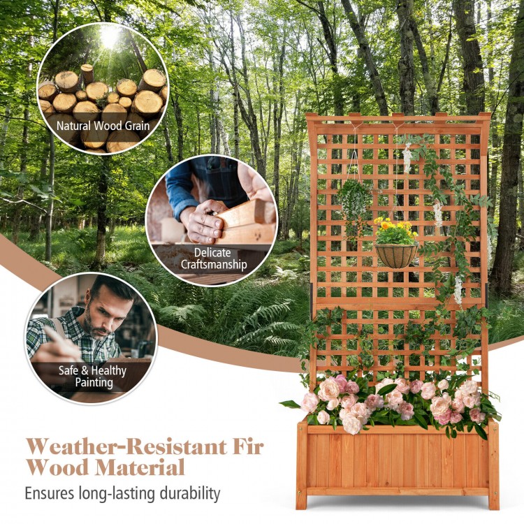 Raised garden bed with trellis in natural fir wood, featuring a hanging roof for climbing plants and beautiful wood.