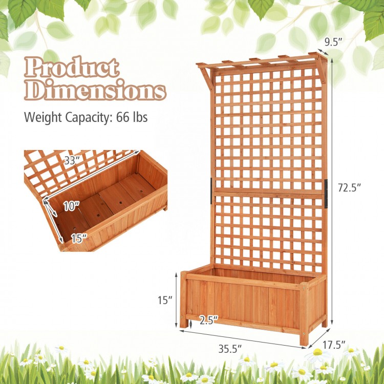 Detailed dimensions of the raised garden bed with trellis in natural fir wood, showcasing height and planter depth.