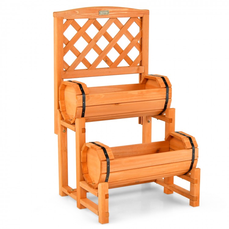 2-tier raised garden bed with two cylindrical planter boxes and trellis, crafted from sturdy fir wood for outdoor use.