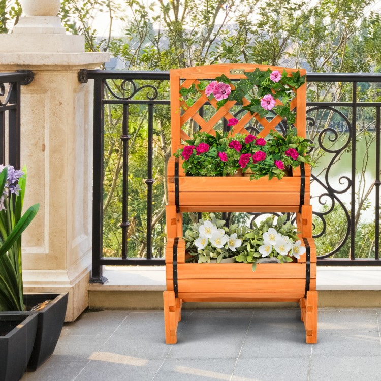 2-tier raised garden bed in orange with cylindrical planter boxes and trellis, perfect for balcony or patio plants.