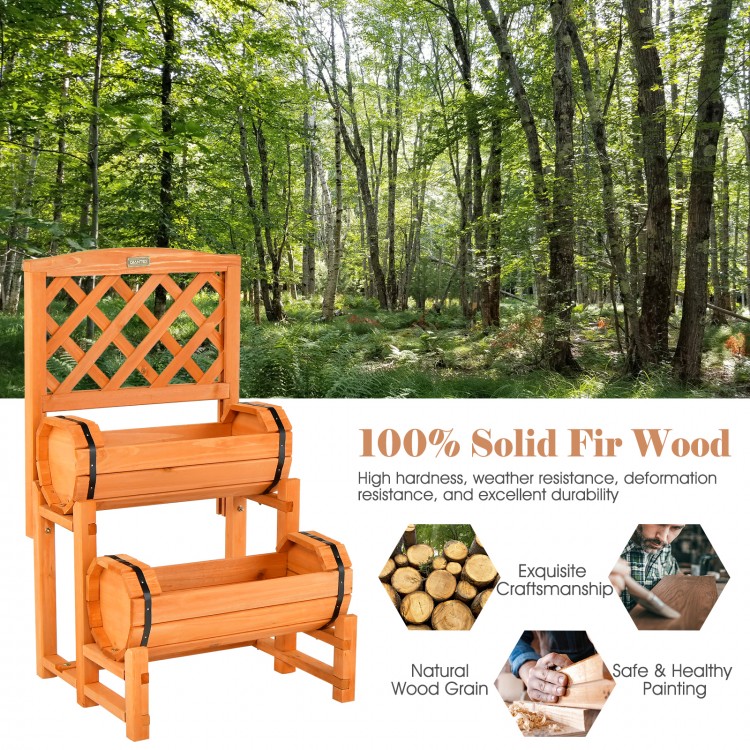 2-tier raised garden bed in orange with cylindrical planter boxes and trellis, crafted from solid fir wood for outdoor.