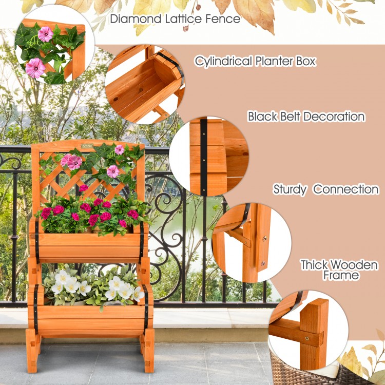 2-tier raised garden bed in orange with cylindrical planter boxes and trellis, ideal for indoor and outdoor plant.