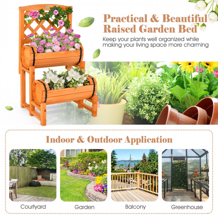 Elegant 2-tier raised garden bed featuring a sturdy trellis and cylindrical planter boxes, perfect for outdoor plant.