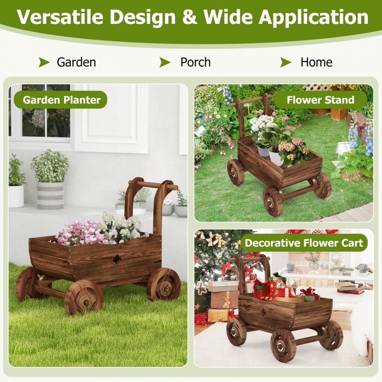 Decorative wooden wagon cart in rustic brown, featuring wheels and drainage hole, ideal for garden or home display.