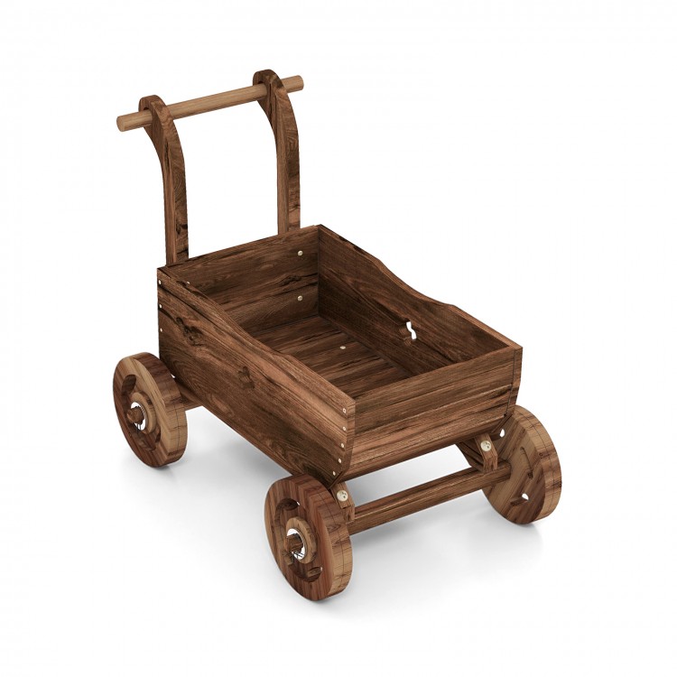 Decorative wooden wagon cart in rustic brown, featuring wheels, handle, and drainage hole for versatile plant display.
