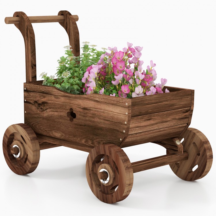 Decorative wooden wagon cart in rustic brown, featuring a flower display, sturdy wheels, and drainage hole for garden.
