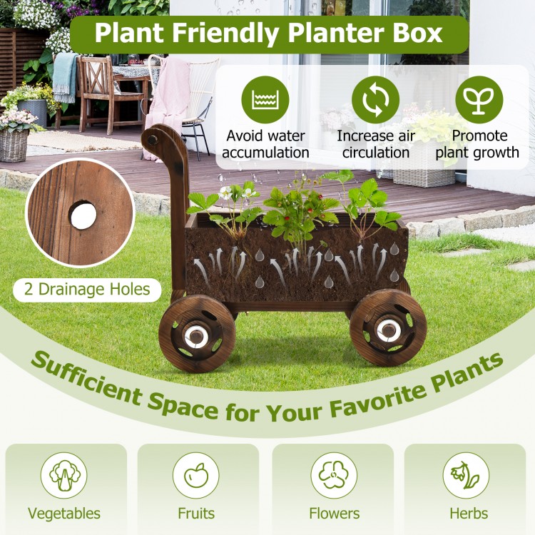 Decorative wooden wagon cart with handle and wheels, featuring drainage holes for optimal plant growth and ventilation.
