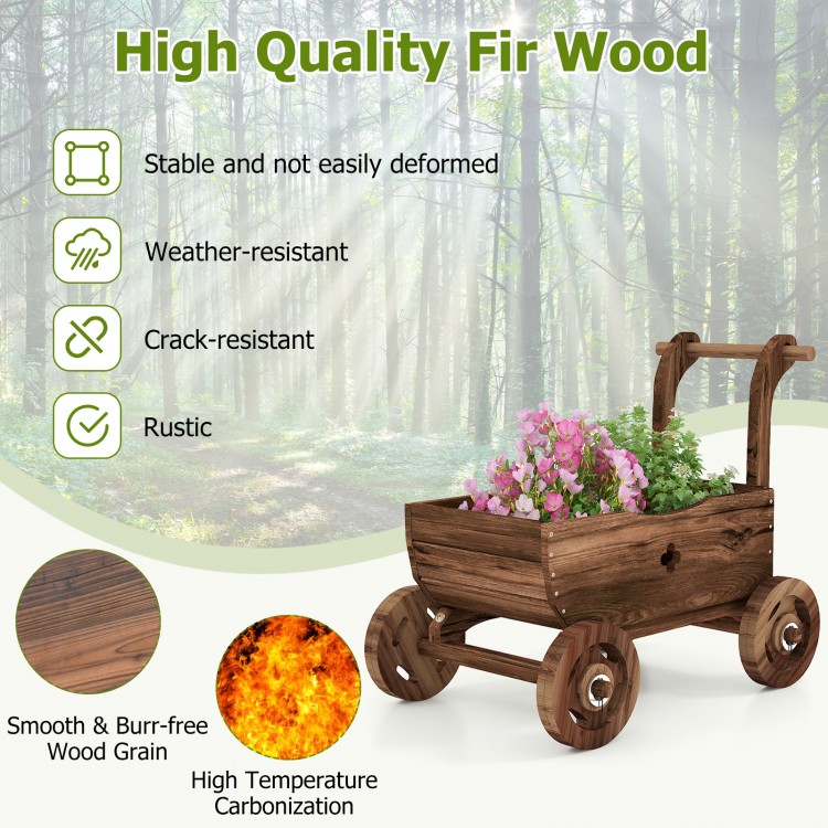 Decorative wooden wagon cart in rustic brown, crafted from carbonized fir wood, ideal for displaying potted plants.