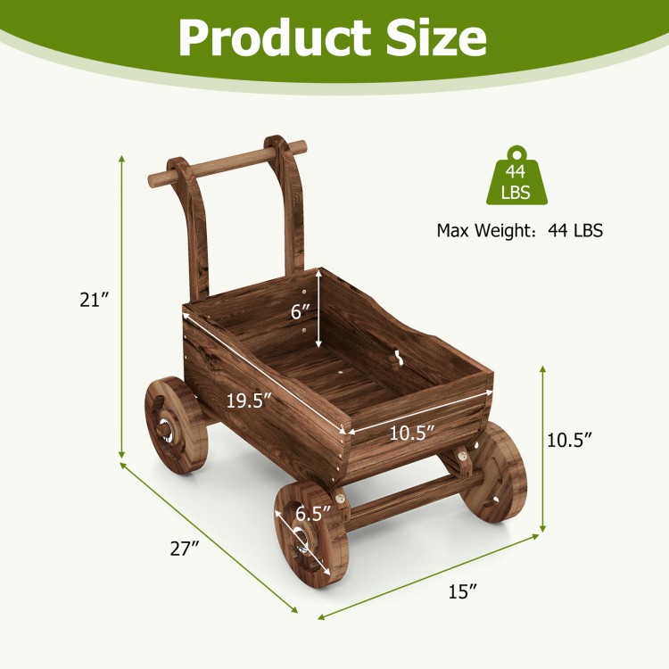 Decorative wooden wagon cart in rustic brown with drainage hole, ideal for displaying plants or holiday decor.