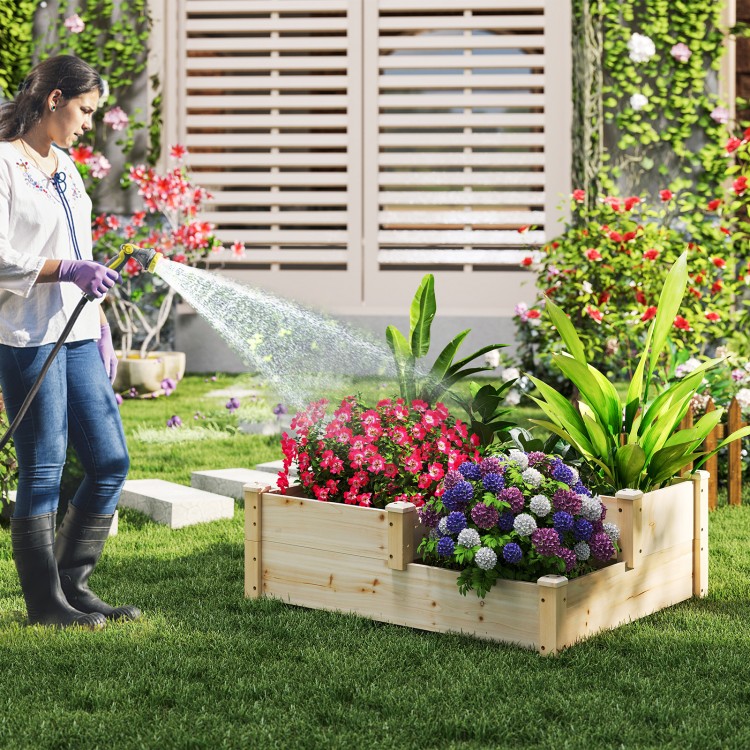 3-tier wooden raised garden bed with vibrant flowers, crafted from fir wood, ideal for gardens and backyards.