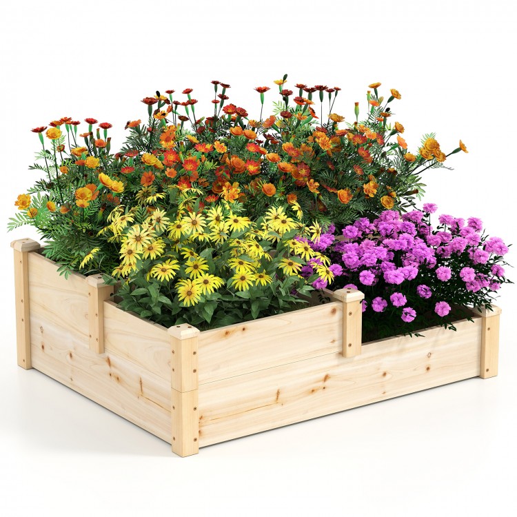 3-tier wooden raised garden bed in natural finish, featuring vibrant flowers and an open-ended base for healthy plant.