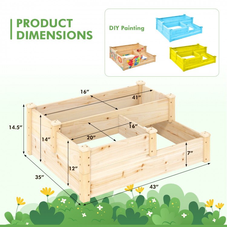 3-tier wooden raised garden bed with open-ended base, crafted from fir wood, ideal for backyard planting and DIY.